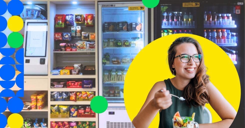 A woman enjoying fresh food in front of a Micro Market in a corporate office, showing workplace convenience and healthy snack options.