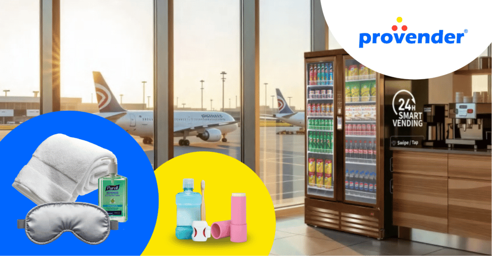 Travel toiletries vending machine at an airport by a window with plane outside, offering drinks, snacks, and essentials.