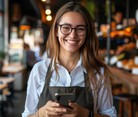 Lady working in cafe holding phone